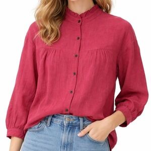 Womens Cranberry Red Linen Blend Ruffle Mock Neck Button Down Blouse 2XL
